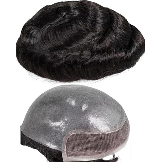 Human Hair Toupee for Men 10x8 Inch,European Human Hair Lace Front Natural Hairline Hair Pieces with 0.06mm Thin Skin PU V-looped Men's Hair Replacement System (#1 Jet Black Color,100% human hair)