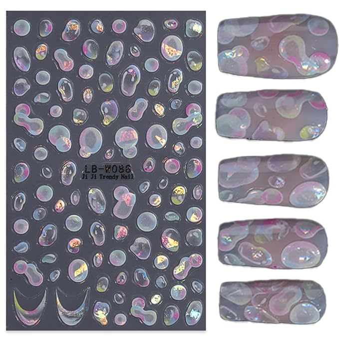 Water Bubble Nail Art Stickers Summer 3D Embossed Bubble Nail Decals 3PCS Colored Shiny Cute Dreamy Bubbles French Tip Design Summer Nails Adhesive Stickers Accessories for Women DIY Nail Decorations