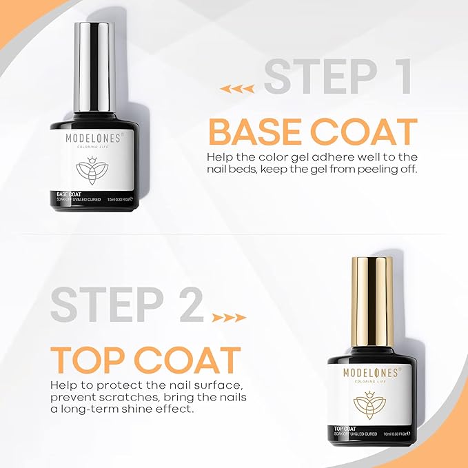 modelones Gel Top Coat and Base Coat, 2 Pcs No Wipe Clear Base and Top Coat Set for Gel Nail Polish Soak Off Long Lasting Upgraded Shiny DIY Manicure Gift for Women 10 ml