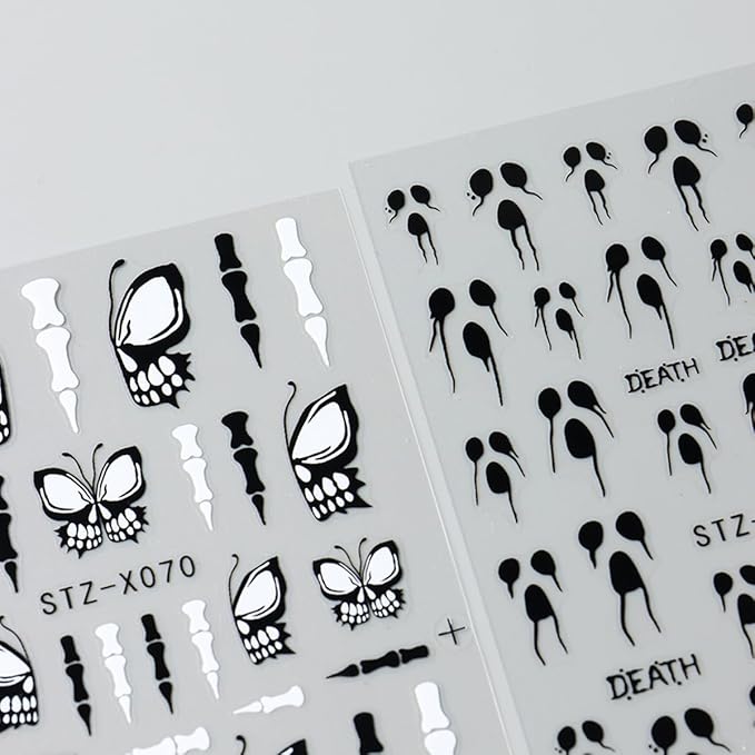 Halloween Nail Art Stickers 3D Self-Adhesive Halloween Nail Decals Nail Art Supplies 6PCS Black White Butterfly Wing Bone Ghost Face Glitter Spider Manicure Stickers for Women DIY Nail Decorations