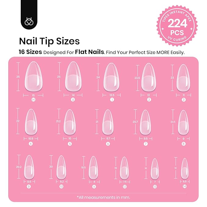Beetles Tipex Gel Nail Kit, Medium Almond Nail Tips 224 Pcs 16 Sizes Pre-Building Pre-Etched False Nail Tips with Tipex Nail Glue, Mini Nail Lamp Thick Acrylic Nail Set
