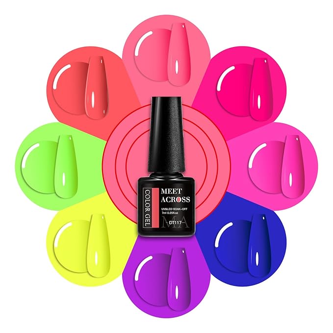 MEET ACROSS Neon Gel Nail Polish Set, 8 Colors Fluorescent Hot Pink Orange Blue Yellow Green Purple Red Rose Spring Summer Nail Polish Kit for Halloween