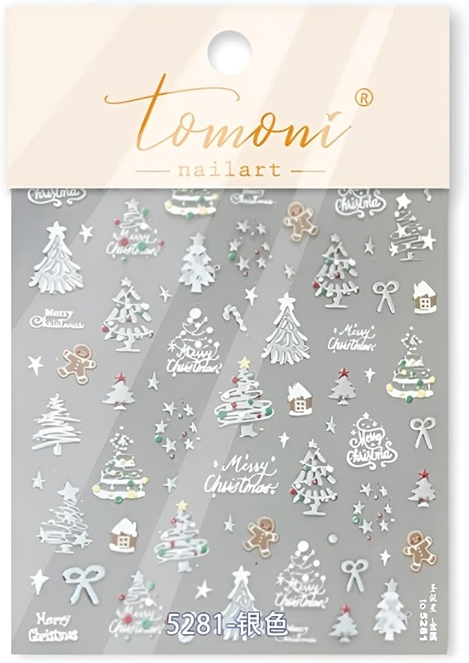 Christmas Nail Sticker for Nail Art 5D Self-Adhesive Silver Nail Stickers Winter Nail Decals Xmas Tree Gingerbread Man Nails Design Decoration Accessories for Women and Girls