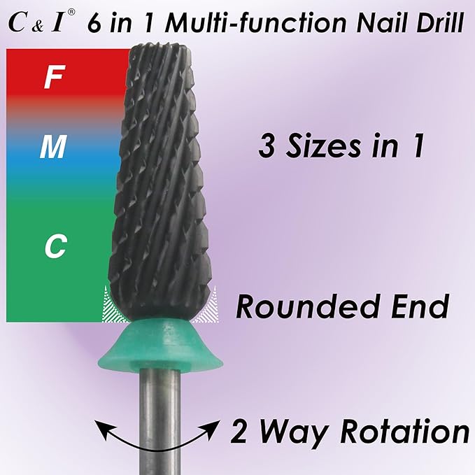 C & I Nail Drill Bit 6 in 1 Multi-function Rounded End E-file, Diamond Coat, CNC Overall Cut Nail Tools for Nail Techs Quick Remove Acrylic Nail Gels & Nail Art (Special Coat, Coarse -C)