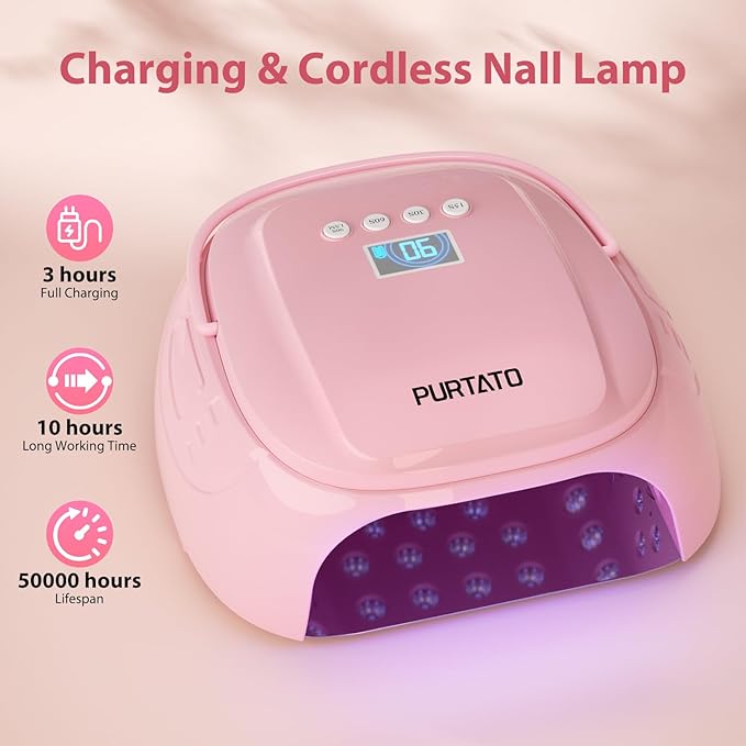 126W Cordless Rechargeable UV LED Nail Lamp, Fast Curing Gel Nail Dryer with 4 Timers, Portable Professional Nail Light for Salon and Home (Pink)