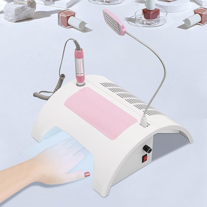 5-in-1 Manicure Machine, 60W Nail Dust Collector with Nail Drill Hand Rest and LED Desk Lamp, Professional Nails Lamp for Salon and Home Use(UV + LED, HWD-1250)