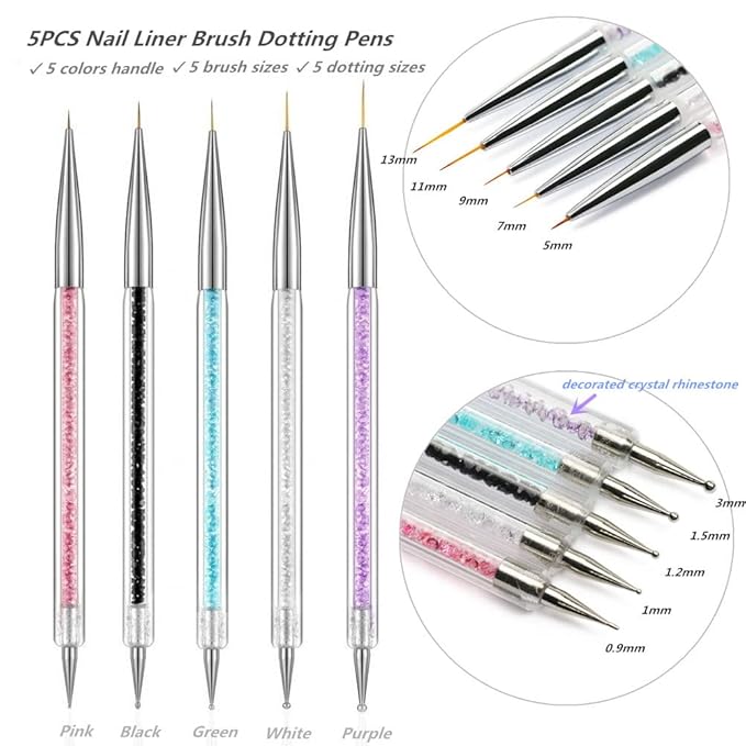5PCS Nail Dotting Pens with 3PCS Nail Painting Brushes, Dual End Nail Art Pen Brush Acrylic Painting Drawing Liner Nail Tools(Set of 8)