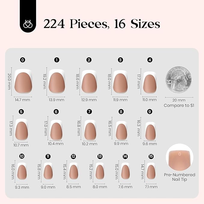 Beetles French Tips Press On Nails: 224 Pcs Brown French Tip Nails Short Squoval Fake Nail Tips,Soft Gel Nail False Nails,DIY Nail Art Salon Quality Manicure Gift For Women