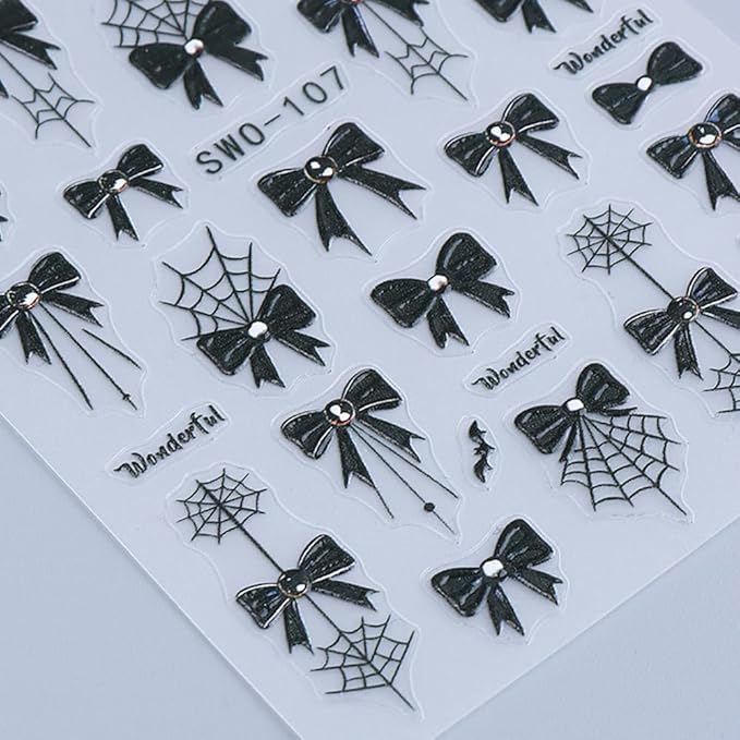 4Pcs Spider Web Halloween Nail Stickers 3D Bow Bat Spider Nail Decals Spooky Self Adhesive Black Cobweb Nail Design Sticker Halloween Nail Decoration Supplies Holiday Manicure Accessories for Women