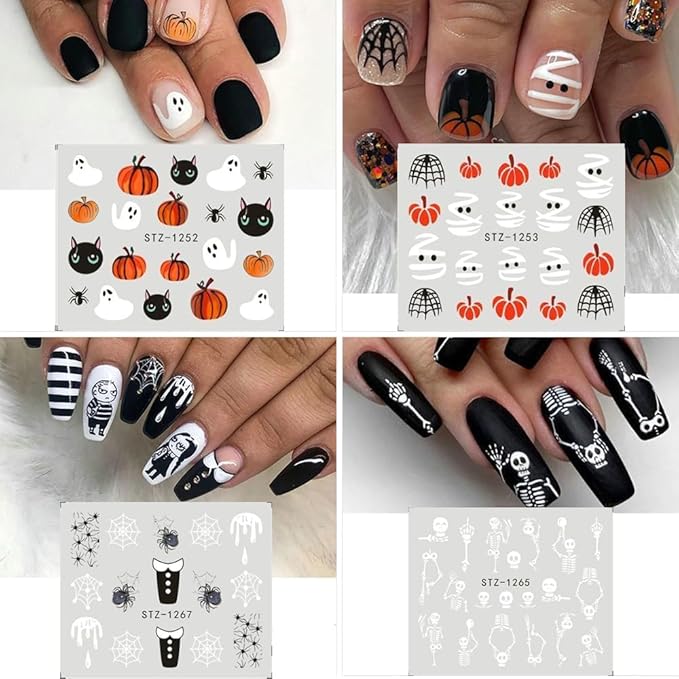 Halloween Nail Art Stickers Water Transfer Nail Decals 12Pcs Halloween Pumpkin Skeleton Spider Ghost Maple Leaf Designer Slider Nail Foils Fall Watermark Decals for Nail Manicure Accessories for Women