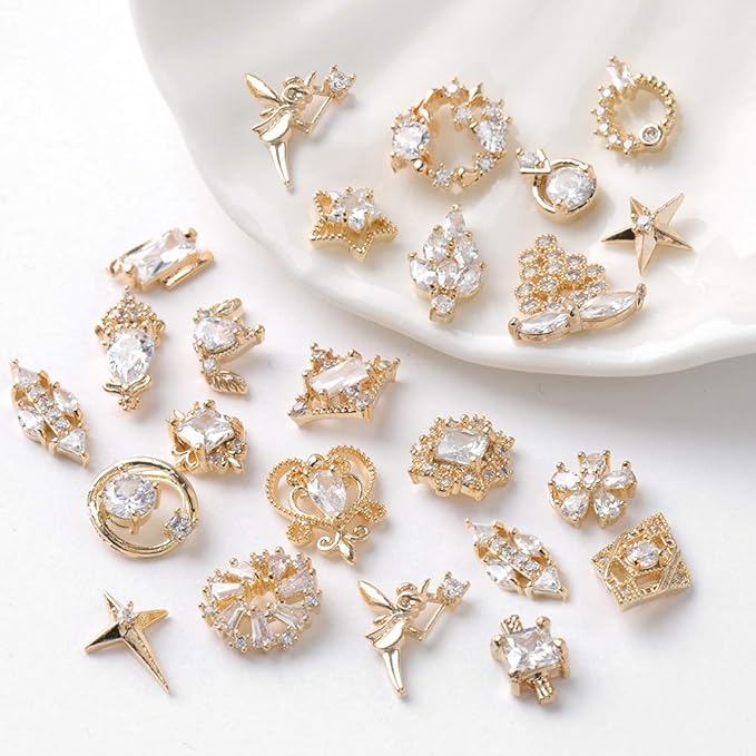 HNUIX Nail Charms and Gems - Gold Copper Zircon, Multiple Shapes, Metal Jewelry Rhinestones Charms, 22Piece