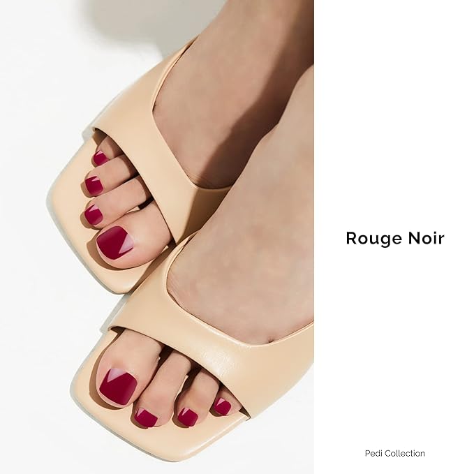NAILOG Semi Cured Gel Nail Strips, Toe Nail Polish Strips with Glossy Gel Finishing | Buy 3 Get 1 UV Lamp| 32 Pieces Long Lasting Pedi Stickers | Rouge Noir