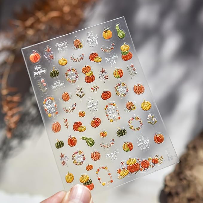 5D Embossed Autumn Pumpkin Nail Art Stickers for Nail Art Self-Adhesive Thanksgiving Nail Stickers Fallen Leaves Pumpkin Designs Nail Supplies Maple Leaf Nail Decals for Women Acrylic Manicure Salon