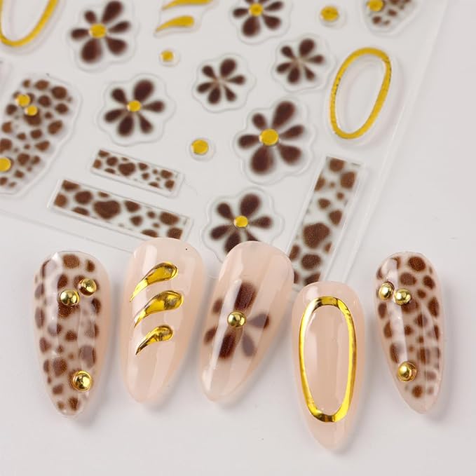 Flower Nail Art Stickers Decals French Tip Flower Nail Decals 4PCS Brown Wine Red Blue Flowers Petals Golden Circle Polka Dot Design Nails Adhesive Stickers for Women Fall Winter Nail Art Decorations