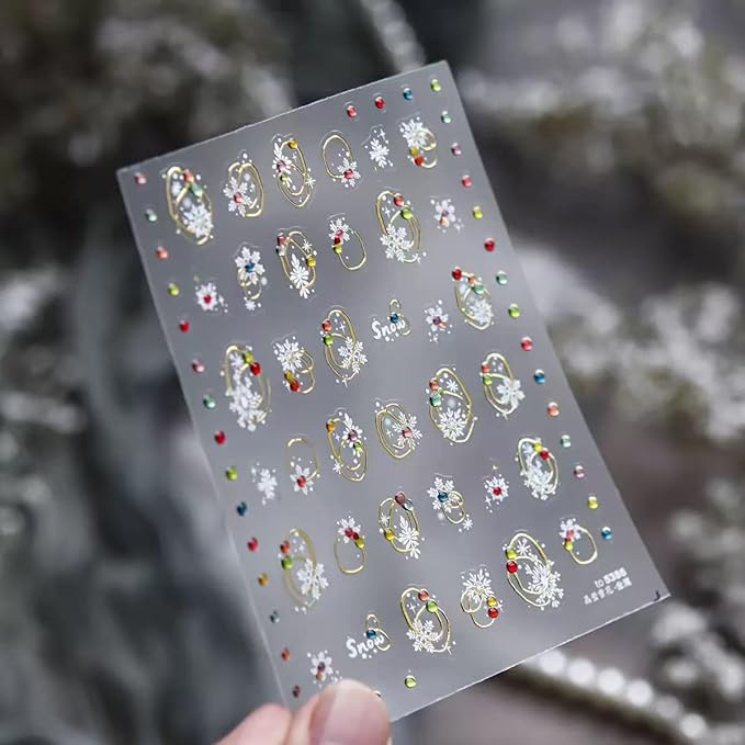 2 Sheets Christmas Nail Art Stickers Snowflake Nail Decals with Rhinestone Silver Gold Snowflake Christmas Nails Design Adhesive Stickers Nail Art Supplies for Women Holiday DIY Nail Art