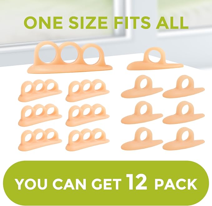 Bukihome Hammertoe Corrector Gel Toe Straighteners - 12 pcs Support Crest for Women & Men - Realign Bent, Crooked, Curled, Claw, Hammer Toes - Beige,Multi-Size