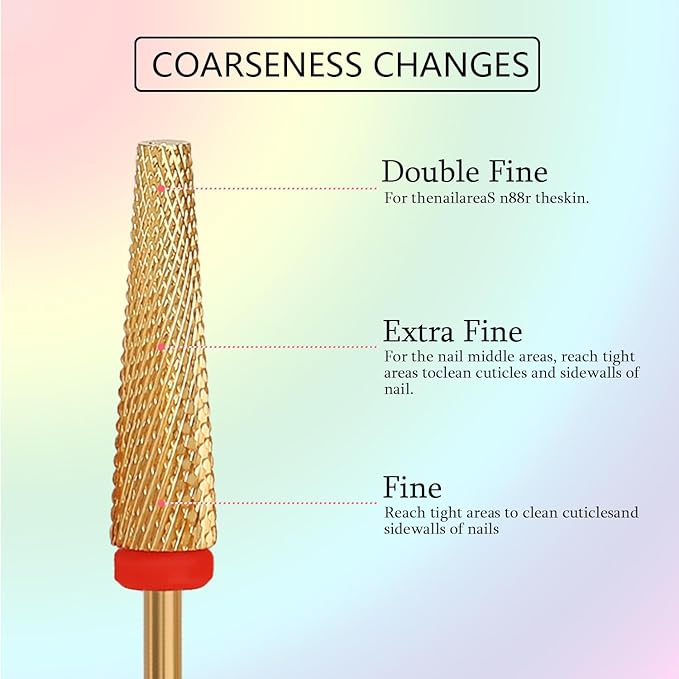 Super Long 5 in 1 Nail Drill Bits, Professional 3/32'' Carbide Tungsten Two Way Rotary Advanced Safety Bits, Fast Remove for Manicure Pedicure Cuticle Acrylic Nails (Gold, Fine-F)