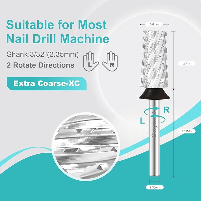 3/32" Large Tapered Barrel Flat Bit Tungsten Carbide Nail Drill Bit Safety Bit for Gel & Acrylic Removal, 2- Way Rotating Efile Tip, Salon Electric File Accessory (XC Girt, Silver)