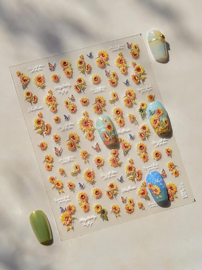 Sunflowers Nail Stickers 5D Embossed – Premium Salon-Quality Charm Accessories, Easy Application & Self-Adhesive Blooming Floral Sunflower Sticker, DIY Manicure, Art, Press on, Home or Salon