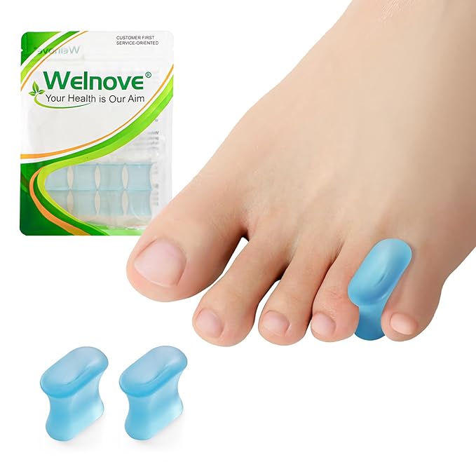 Welnove Upgraded Gel Toe Separators – 8-Pack Aloe Vera Extract Infused Silicone Pinky Toe Spacers for Straightening Overlapping Toes, Calluses – Bunion Corrector for Men and Women (Small, Blue)