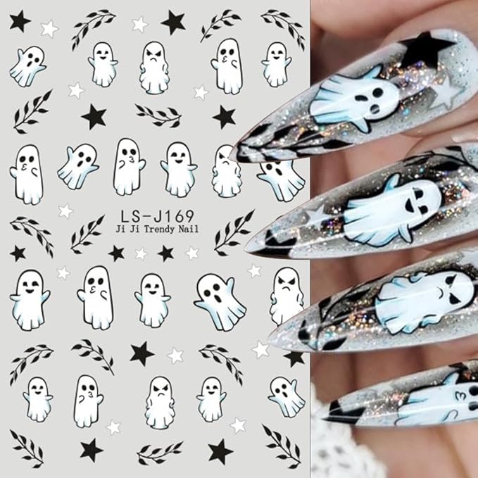 Halloween Nail Stickers Pumpkin Ghost Nail Art Stickers DIY Self Adhesive Nail Decals Cat Bat Mushroom Ghost Design Sticker Nail Decoration Supplies Holiday Manicure Accessories for Women Girls 6Pcs