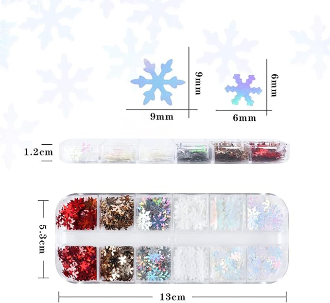 12 Grids Christmas Nail Art Glitter Sequins 3D Holographic Winter Snowflake Nail Art Glitter Flakes Red Gold Silver White Snowflake Designs Xmas Nail Decorations for Acrylic Nails Supplies