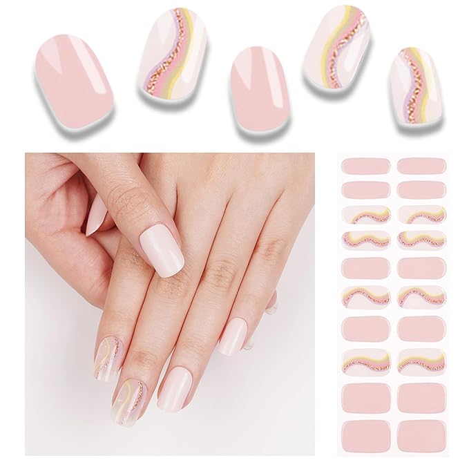 20pcs Semi Cured Gel Nail Strips, Real Nail Polish Art Stickers, Starry River Pink Gel Nail Stickers - Work with Any UV Lamp, Long Lasting Full Wraps with Nails File and Stick
