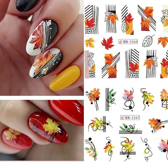 Fall Nail Art Stickers Autumn Nail Water Decals Maple Leaf Pumpkin Small Animals Thanksgiving Nail Stickers Water Transfer Foil Designs Nail Decals for Women Girls DIY Nail Decorations (12 Sheets)