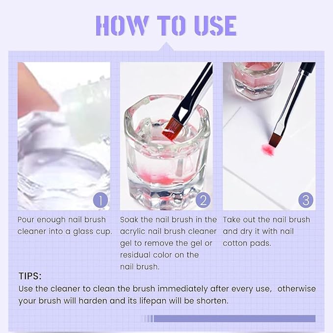 Nail Brush Cleaner Brush Cleaner 8fl.oz 240ml Remover Cleanser Clean and Care Acrylic Nail Brushes Gel Nail Polish Brushes Nail Brushes 50 cotton flakes crystal glass Nail Tech Supplies