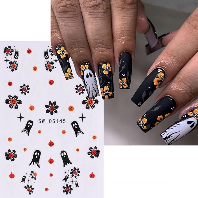 8 Sheets Halloween Nail Art Stickers Gothic Spooky 3D Self Adhesive Ghost Nail Decals Goth Spider Web Flower Nail Design Stickers Ghost Nail Stickers Art Decoration for Women Acrylic Manicure Salon