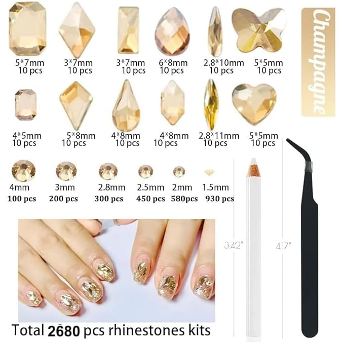 2680Pcs Champagne Gold Nails Rhinestones, 120Pcs Big Golden Nail Charms, Diamond Gems Stones with K9 Bling Flatback Round Beads, Clear Glass Crystal Jewelry for Nails Faces Eyes Makeup Decoration