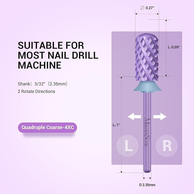 MelodySusie Safety Nail Drill Bits, 3/32'' Smooth Round Top Large Barrel Carbide Bits, Suitable for Manicure Pedicure Cuticle Gel Polishing, Beginners Bits, Purple, Series Bit-S, 4XC