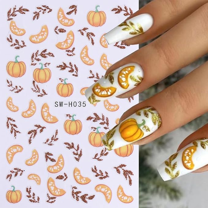 Fall Nail Stickers Thanksgiving Pumpkin Maple Leaf Nail Art Stickers Autumn Glitter Nail Decals Self Adhesive Design Sticker 3D Nail Art Supplies Nails Decoration for Women Manicure Accessories 4Pcs