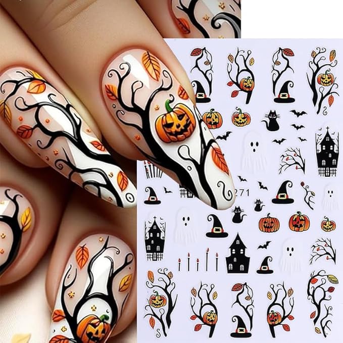 6 Sheet Halloween Nail Stickers 3D Self-Adhesive Nail Art Stickers Decals with Bat Spider Web Design Nail Stickers for Nail Art Flower Ghost Manicure Decoration for Women Nails Supplies
