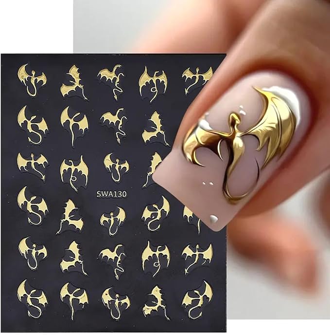 Dragon Nail Art Stickers 3D Metallic Flying Devil Bat Halloween Nail Decals 6PCS Golden Silvery Holographic Y2k Dragon Nail Stickers Sweet Punk Style DIY Halloween Nail Art Salon Decorations Supplies
