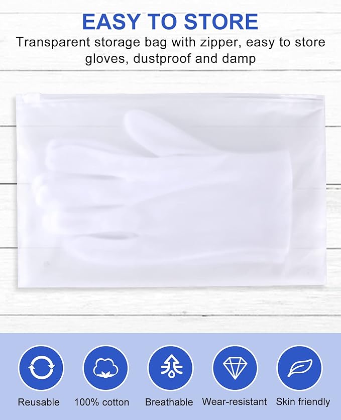 12 Pairs of White Cotton Gloves-Breathable and Comfortable Eczema Gloves, Moisturizing Spa Gloves，Jewelry Inspection Gloves，Suitable for Housework, Driving, Archives, Artwork Processing