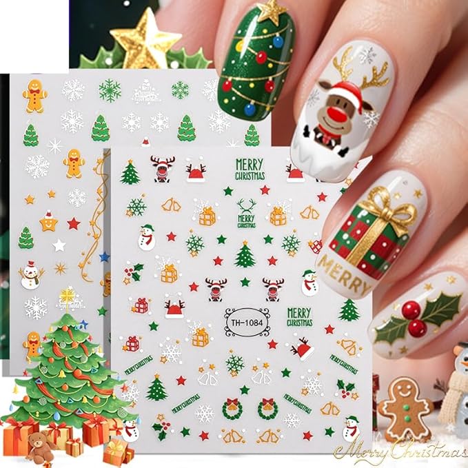 8 Sheets Christmas Nail Stickers for Nail Art, 3D Self-Adhesive Deer Nail Decals, Trees Nail Supplies Nail Art Design Accessories for Women and Girls Manicure DIY Decoration