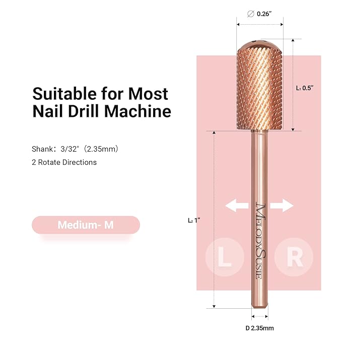 MelodySusie Safety Nail Drill Bits, 3/32'' Smooth Round Top Large Barrel Carbide Bits, Suitable for Manicure Pedicure Cuticle Gel Polishing, Beginners Bits, Rose Gold, Series Bit-S, Medium