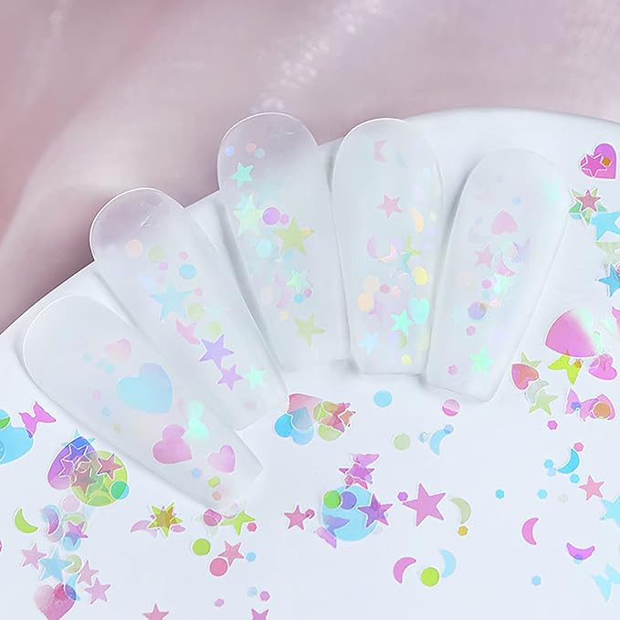 Iridescent Nail Art Glitter Sequins, Holographic 3D Ultra Thin Nail Art Glitter Flakes Designs, Heart Butterfly Round Star Acrylic Nails Supplies for Women Girls Manicure Decorations, DIY Nail Crafts