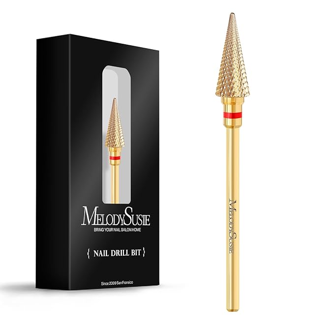MelodySusie Professional Tapered Nib Nail Drill Bit, 3/32'' Carbide Tungsten Multi-function Bit, Suitable for Manicure Pedicure Cuticle Gel Polishing, Technicians Bit, Gold, Series Bit-M, Fine