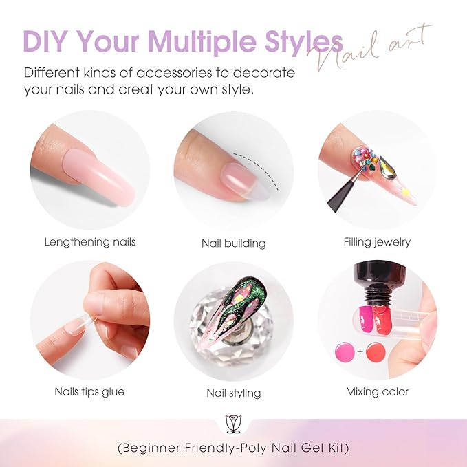 ROSALIND 38 Colors Color Poly Nail Gel Colors Kit with Mini Nail Lamp Clear Neon Poly Nail Gel Starter Kit for Beginners Halloween All Seasons Classic Colors with Everything