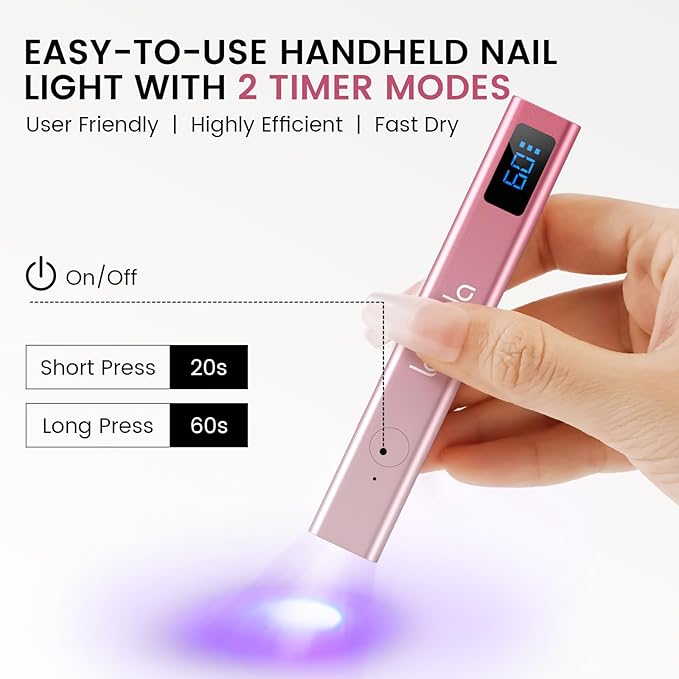 Lavinda Handheld UV Light for Gel Nails, Mini Nail Lamp, Portable Cordless Rechargeable UV Led Nail Lamp Nail Dryer for Fast Curing Gel Polish USB Flashlight for Home DIY Manicure