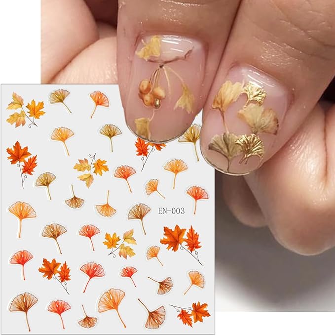 8 Sheets Autumn Maple Leaves Nail Stickers for Thanksgiving Pumpkins, Fall Fruit, Ginkgo Leaf - 3D Self-Adhesive Decals for Women Nail Art Design