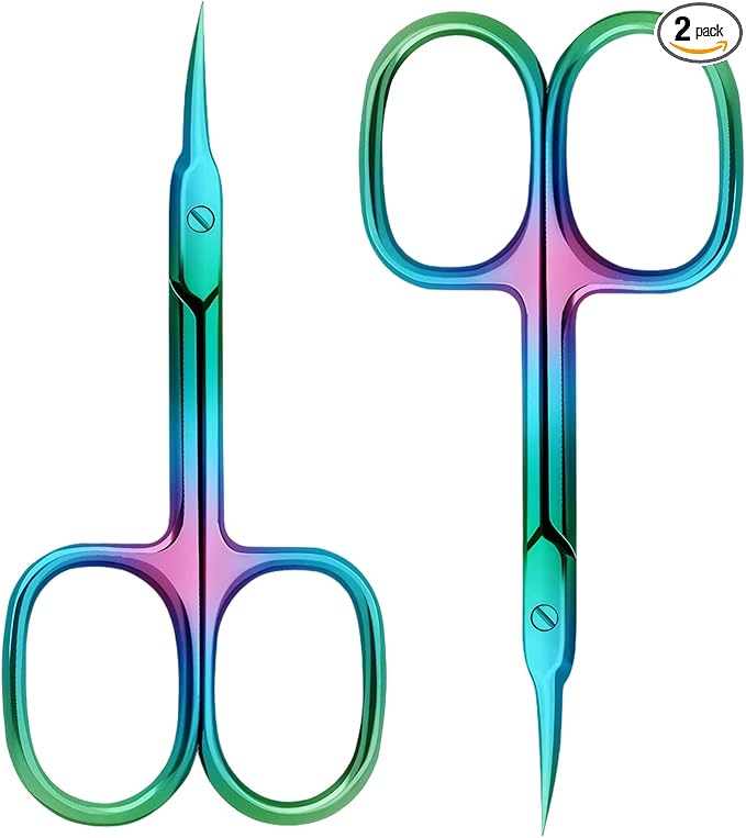 Nail Cuticle Scissors 2Pcs small scissors Stainless Steel Cuticle skin tag scissors Extra Fine Curved Color Manicure Scissors Nail Scissors Suitable for Eyebrows Eyelashes And Nail Trimming