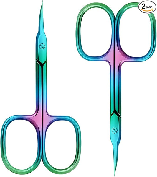 Nail Cuticle Scissors 2Pcs small scissors Stainless Steel Cuticle skin tag scissors Extra Fine Curved Color Manicure Scissors Nail Scissors Suitable for Eyebrows Eyelashes And Nail Trimming