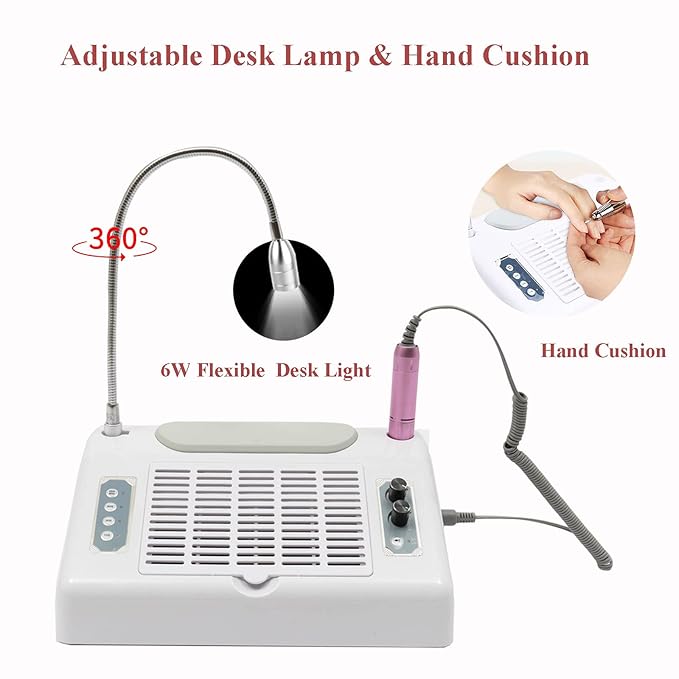 TFCFL 5 in 1 Nail Dust Collector, Professional Nail Vacuum Dust Collector + Electric Nail Drill + 96W UV Gel Nail Dryer Lamp + Hand Cushion + Desk Lamp for Salon & Home