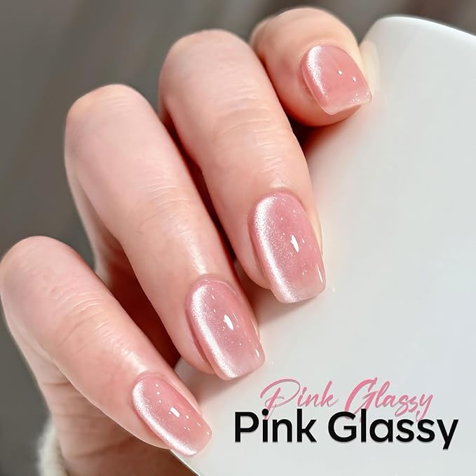 modelones Cat Eye Gel Nail Polish, Pink Glassy 9D Cateye with Magnet Shimmer Soak Off Reflective Translucent Gel Magnetic Top Coat Nail Polish for Women Girl 15 ML