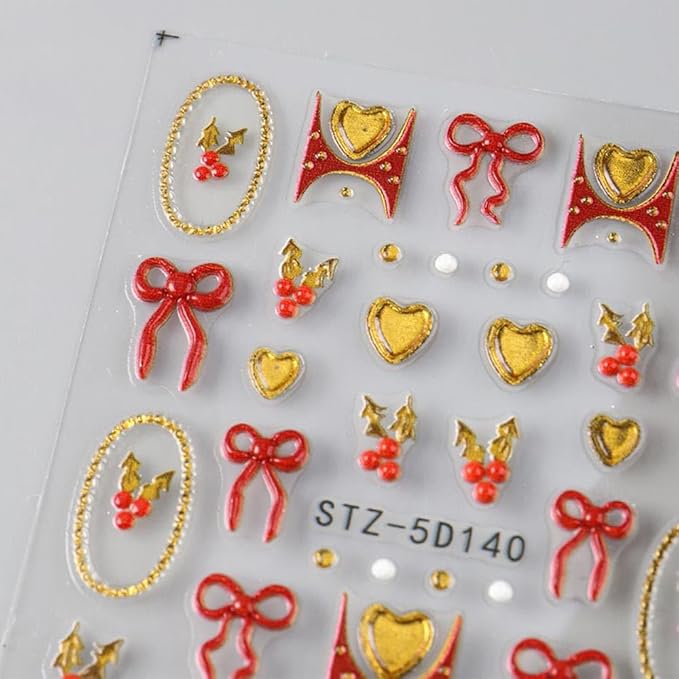 5D Embossed Nail Stickers Red Gold Bow Heart Nail Decals DIY Self Adhesive Christmas Nail Design Sticker Cute Nail Decoration Supplies Holiday Manicure Accessories for Women Girls 2Pcs