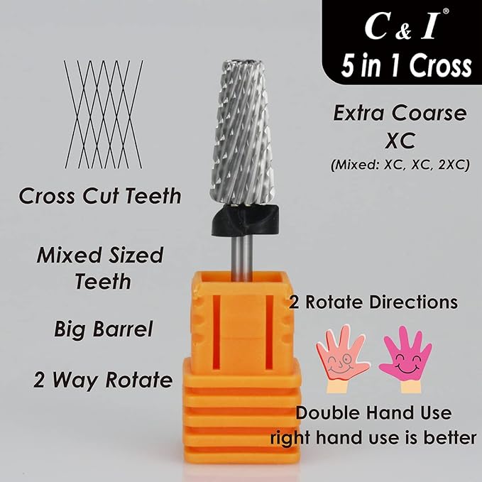 C & I 5 in 1 Multi-function Tapered Shape Nail Drill, Cross Teeth Edition, Professional Drill Bit for Nail Manicure Machine (Extra Coarse - XC)