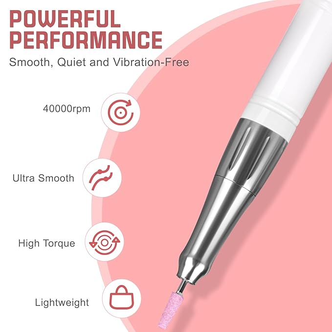 Nail Drill Professional, 40000RPM Rechargeable Electric Nail Drill with Corelss Motor, HoMove Cordless Nail Efile with Clock Power Dock for Acrylic Gel Nails Remove, Low Noise Low Vibration
